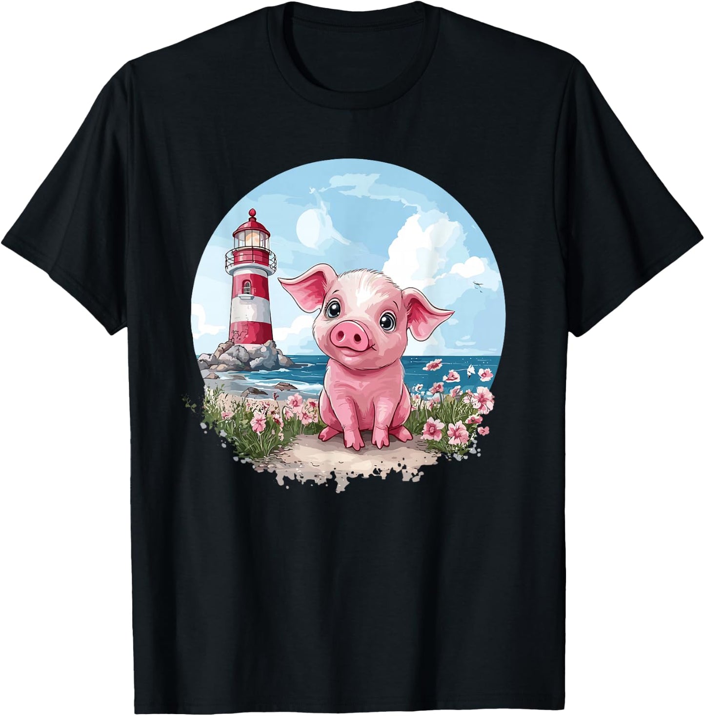 Adorable Piglet By The Lighthouse T-Shirt - T-Shirt | Black