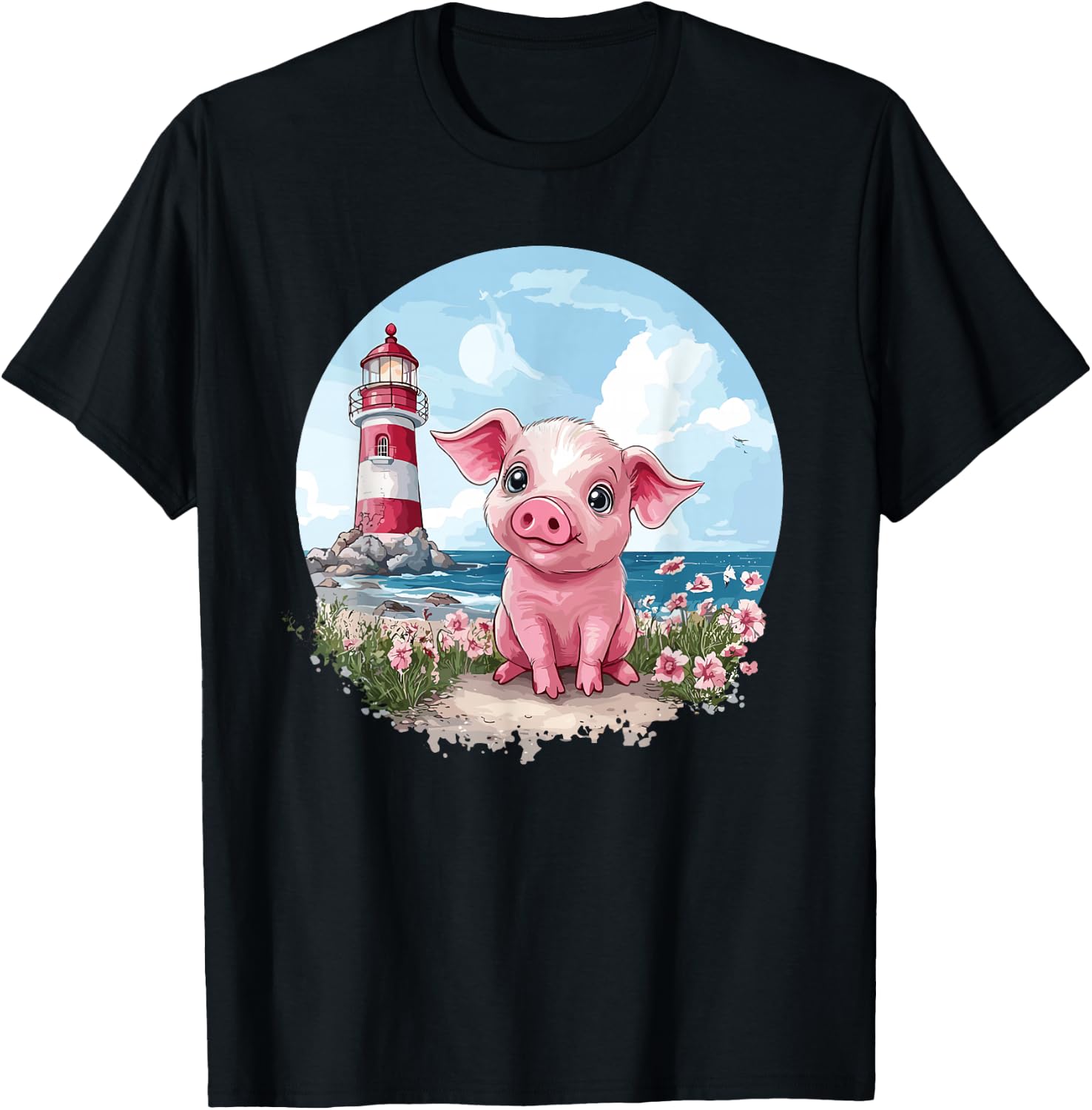 Adorable Piglet By The Lighthouse T-Shirt - T-Shirt | Black