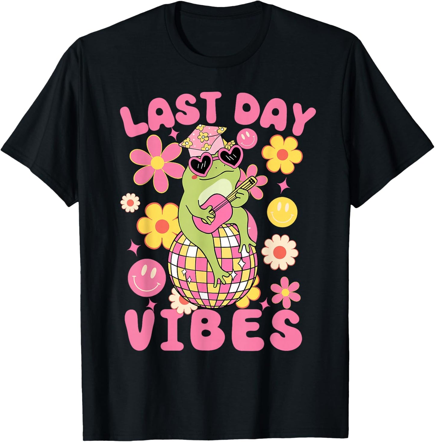 Last Day Of School Vibes-Groovy Frog and Flowers Girls Kids T-Shirt - T-Shirt | Black