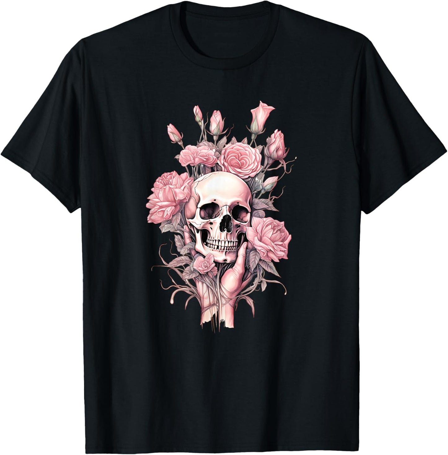Rose Skull Skeleton Design for Girls & Women in Pink , black T-Shirt - T-Shirt | Black