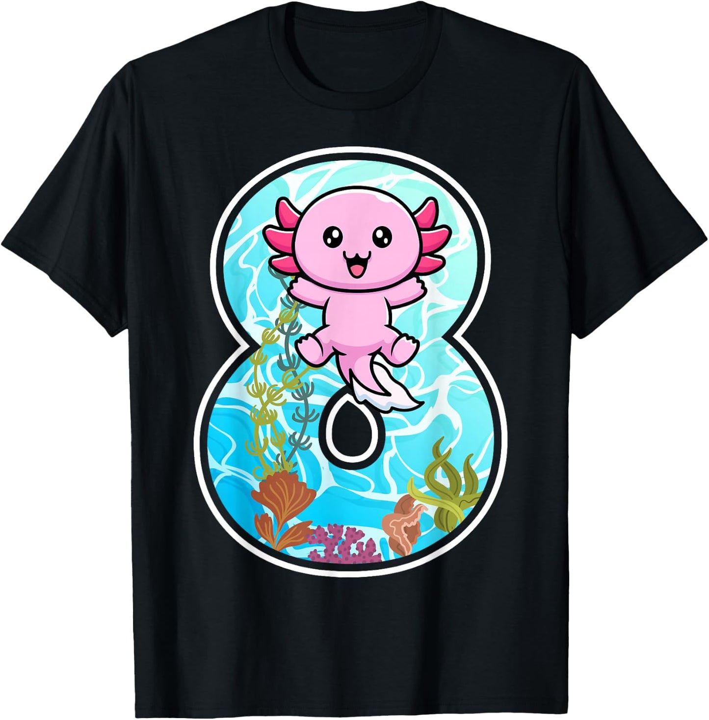 Kids 8 Years Old Birthday Axolotl Lover 8th Birthday Party T-Shirt - T-Shirt | Black