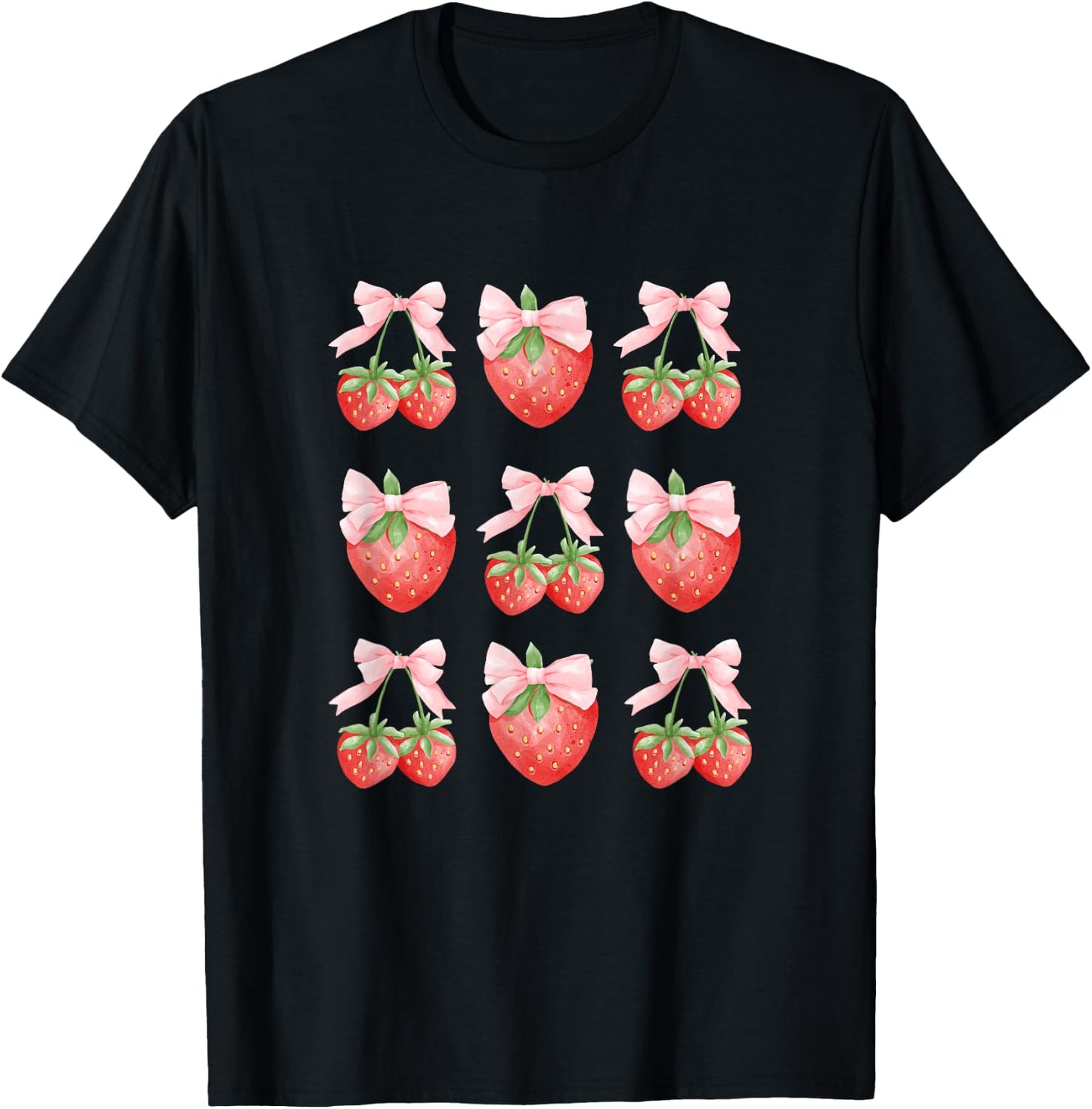 Cute Pink Bow Coquette Strawberry Clean Girl Aesthetic T-Shirt - T-Shirt | Black