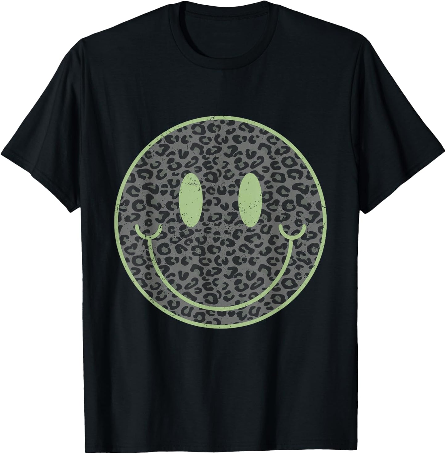 Happy Face Retro Aesthetic Leopard Smile Face Women Men T-Shirt - T-Shirt | Black