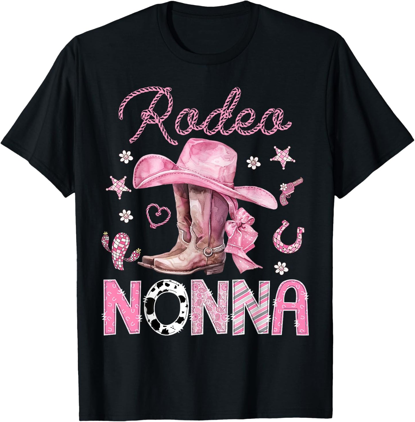 Rodeo Nonna Pink Boots Coquette CowGirl 1St Birthday T-Shirt - T-Shirt | Black