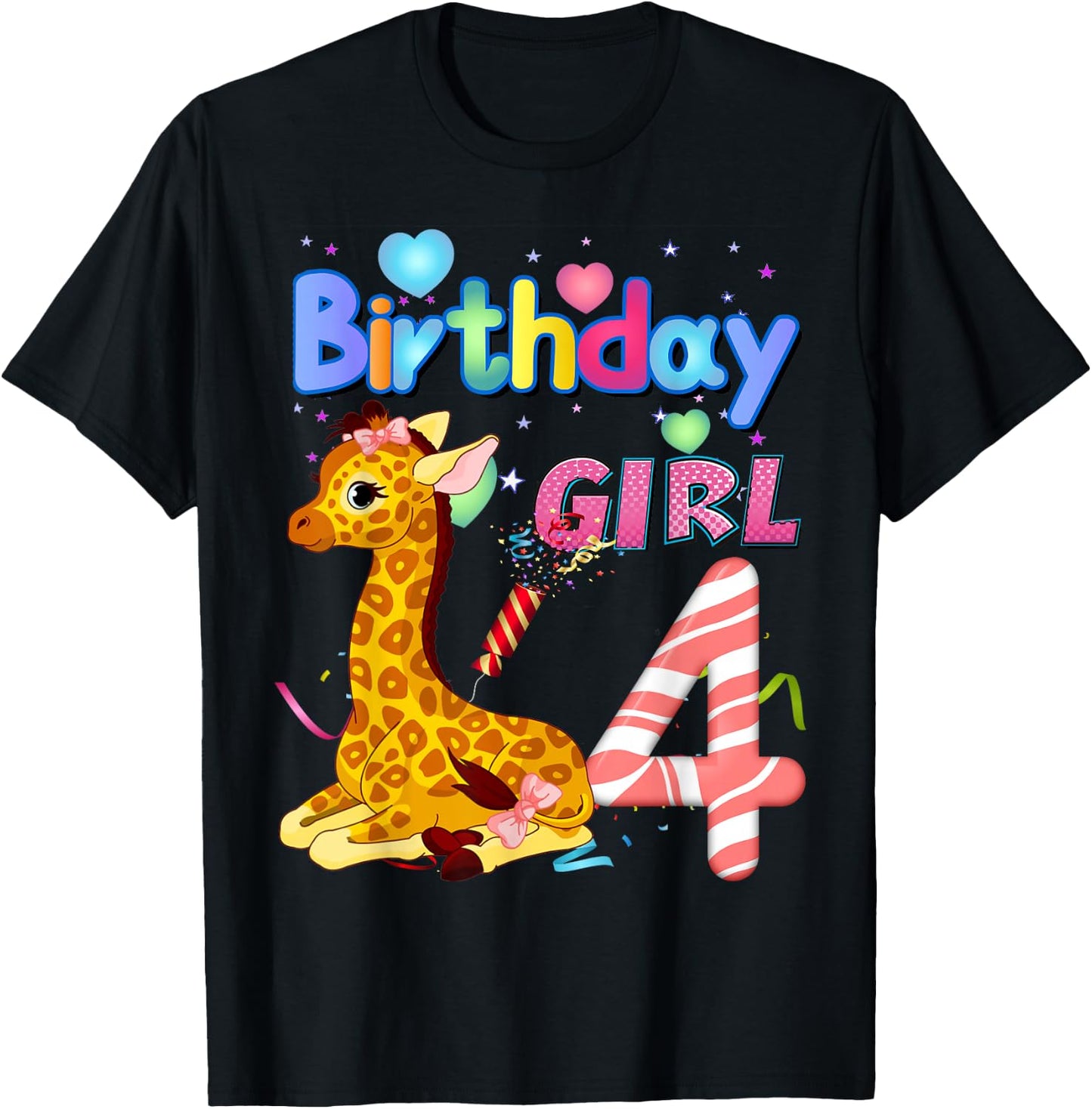 Giraffe Birthday For Girl 4th Giraffe Birthday 4 Year Old) T-Shirt - T-Shirt | Black