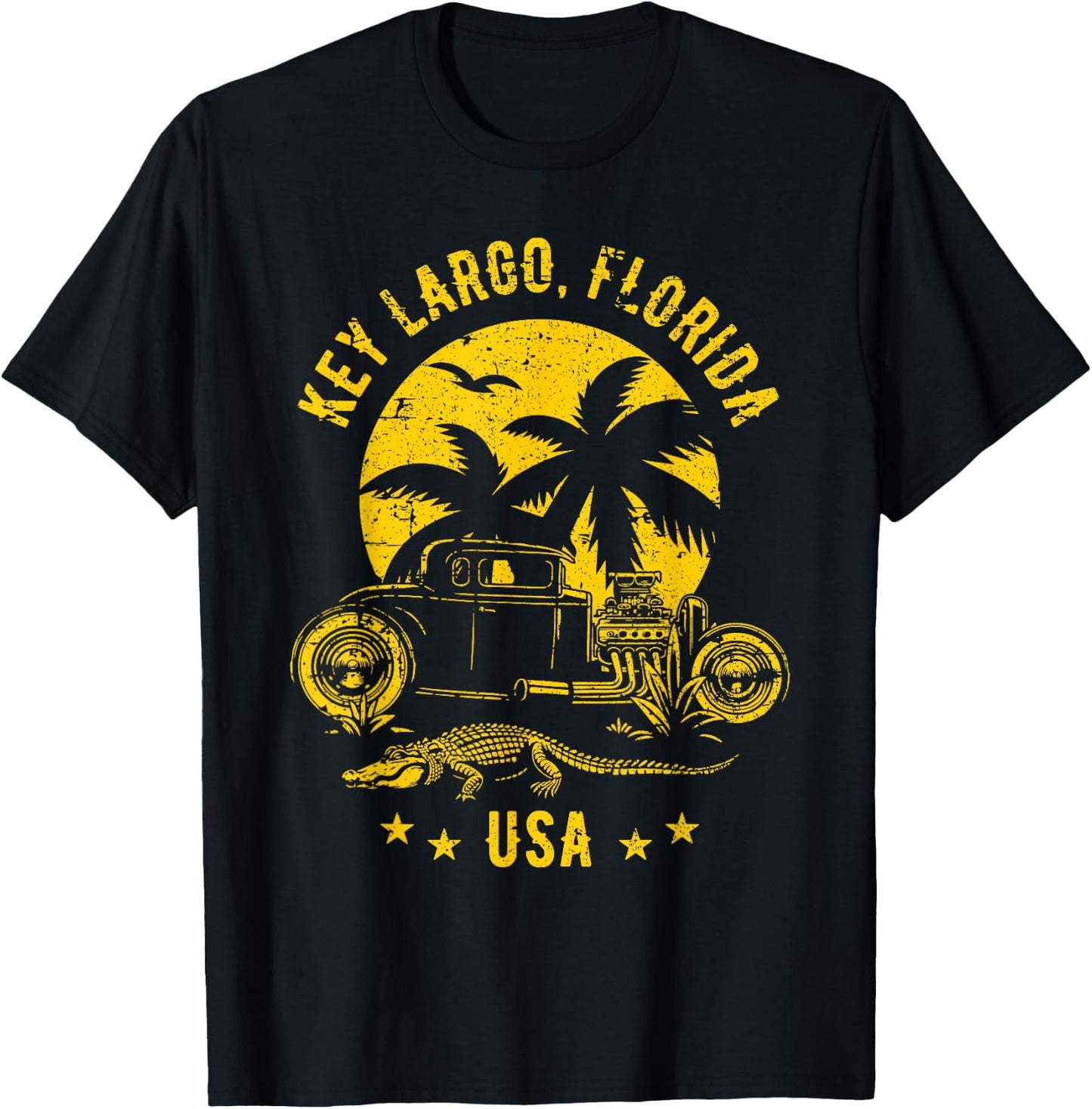 Key Largo Florida Sunset Hotrod Distressed Design , Black, S T-Shirt - T-Shirt | Black
