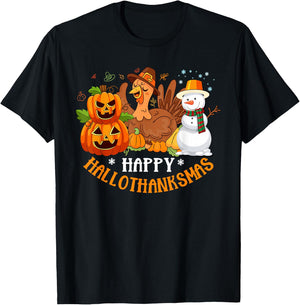 Happy Hallothanksmas Halloween Thanksgiving Christmas Day T-Shirt - T-Shirt | Black