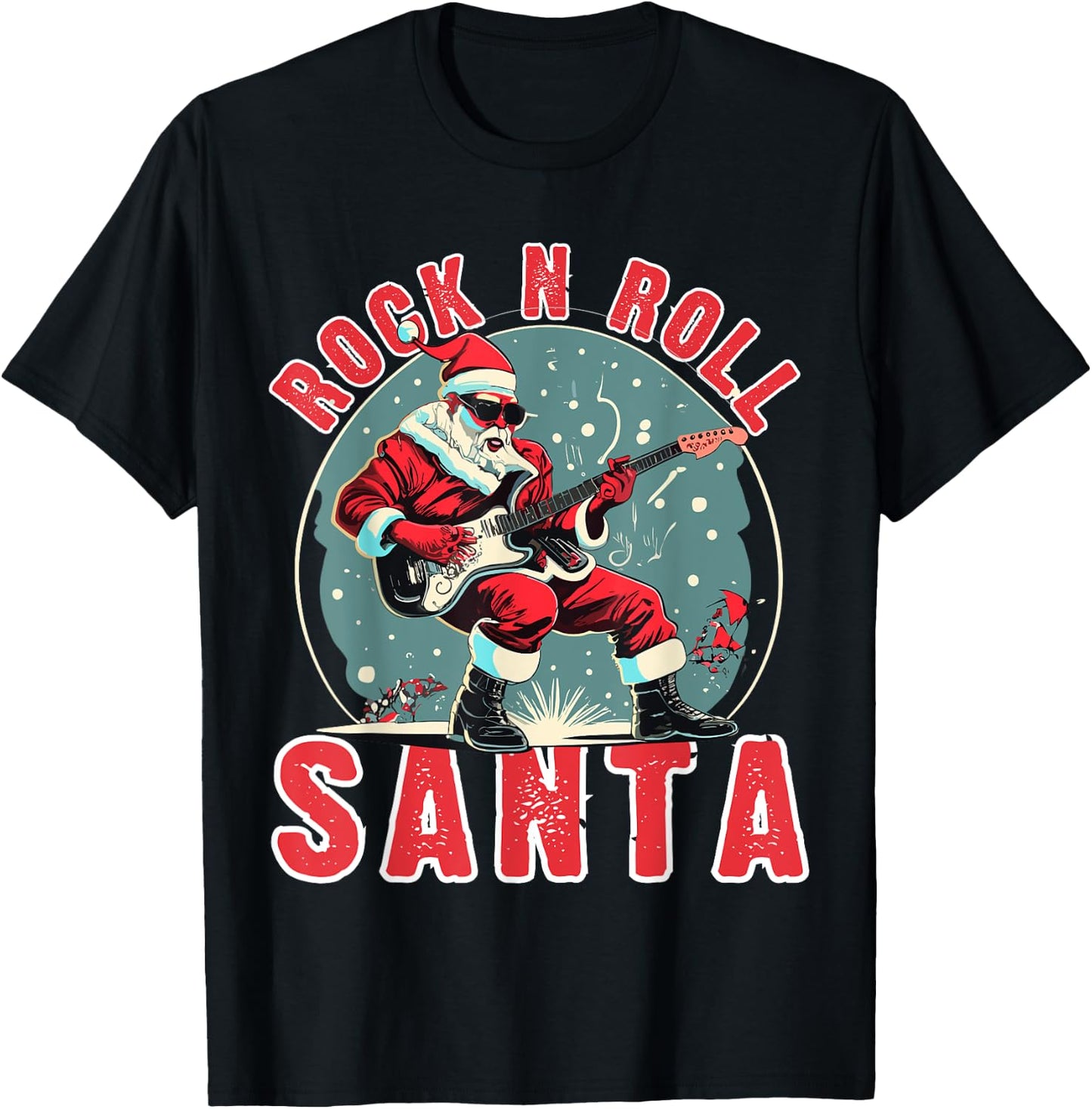 Rock N Roll Christmas Santa Playing Guitar T-Shirt - T-Shirt | Black