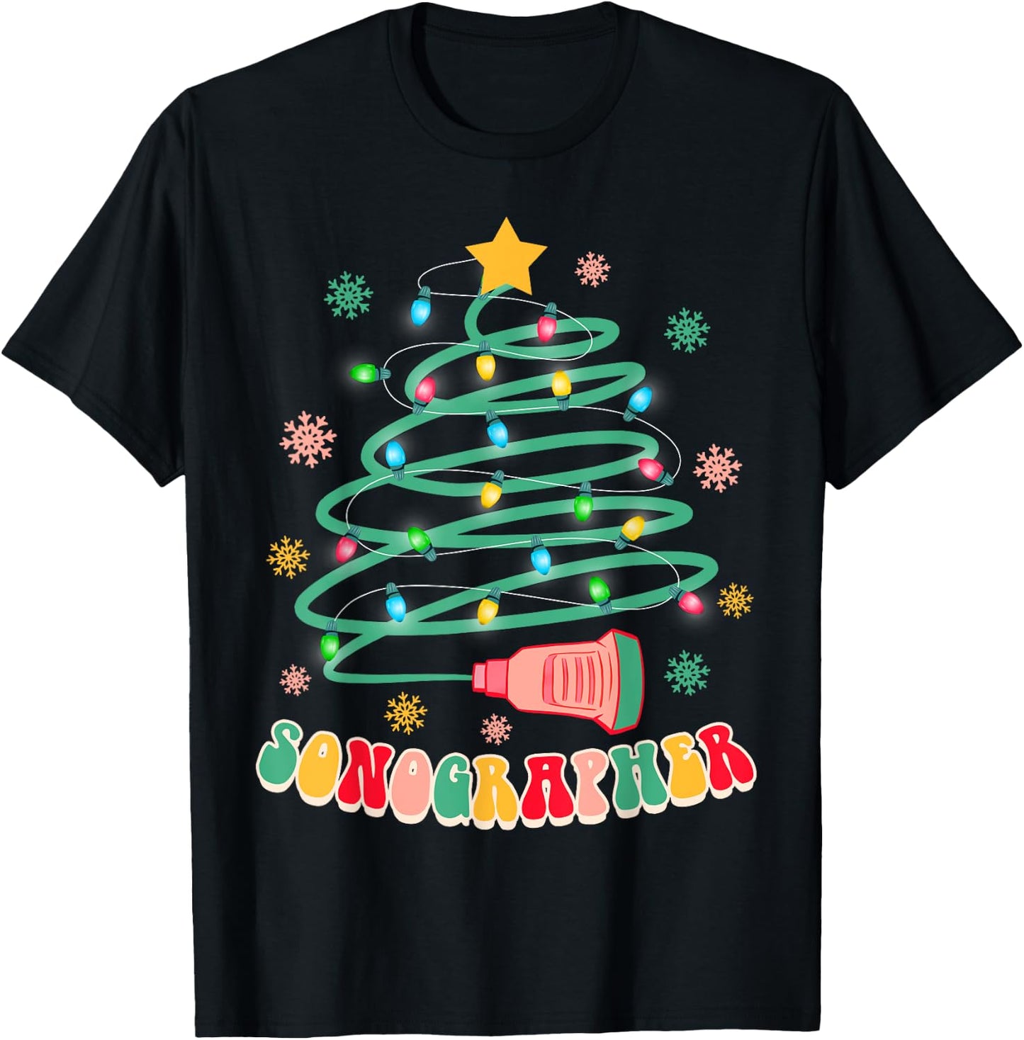 Xmas Vibes Sonographer Ultrasound Tech -Adults , Black, Small, Short Sleeve, Christmas-themed T-Shirt - T-Shirt | Black