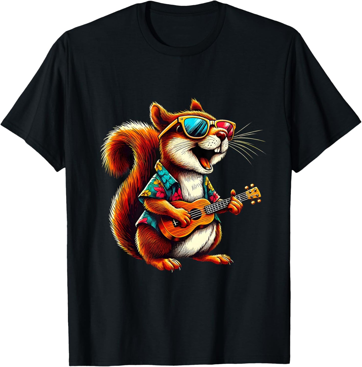 Squirrel Wearing a Hawaiian Shirt, Playing a Ukulele T-Shirt - T-Shirt | Black