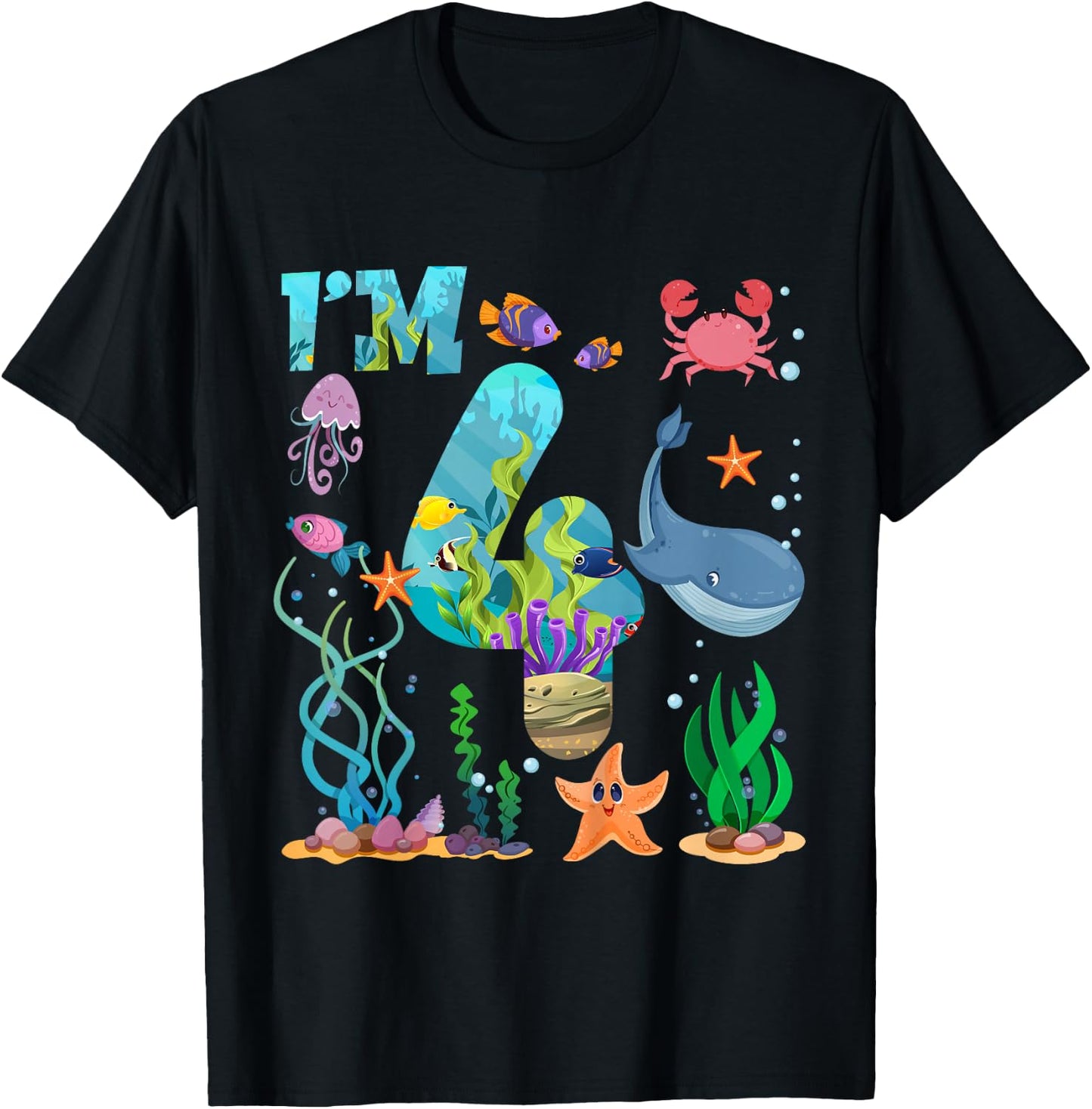 Kids 4 Year Old Boy Girl Sea Animals I'm Four 4th Birthday Kids T-Shirt - T-Shirt | Black