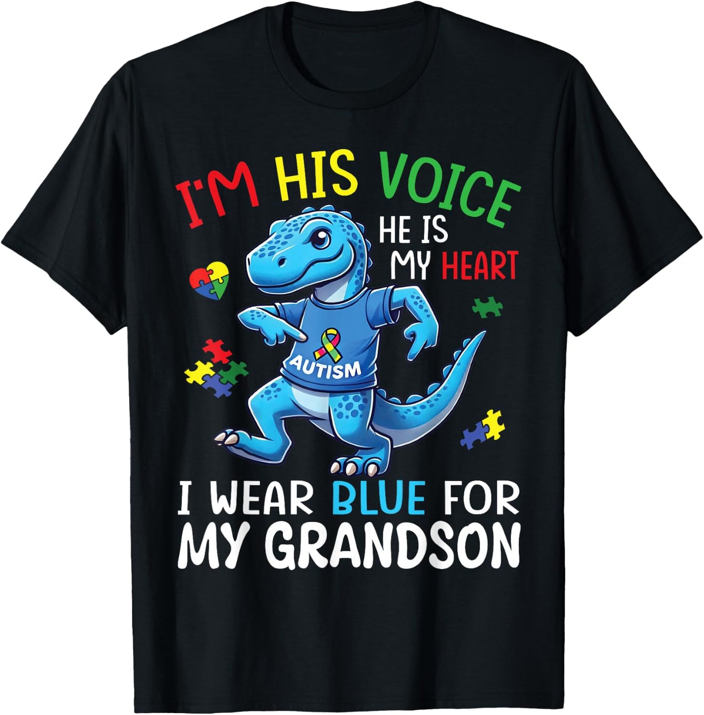 Dino I’m His Voice He’s My Heart I Wear Blue For My Grandson T-Shirt - T-Shirt | Black