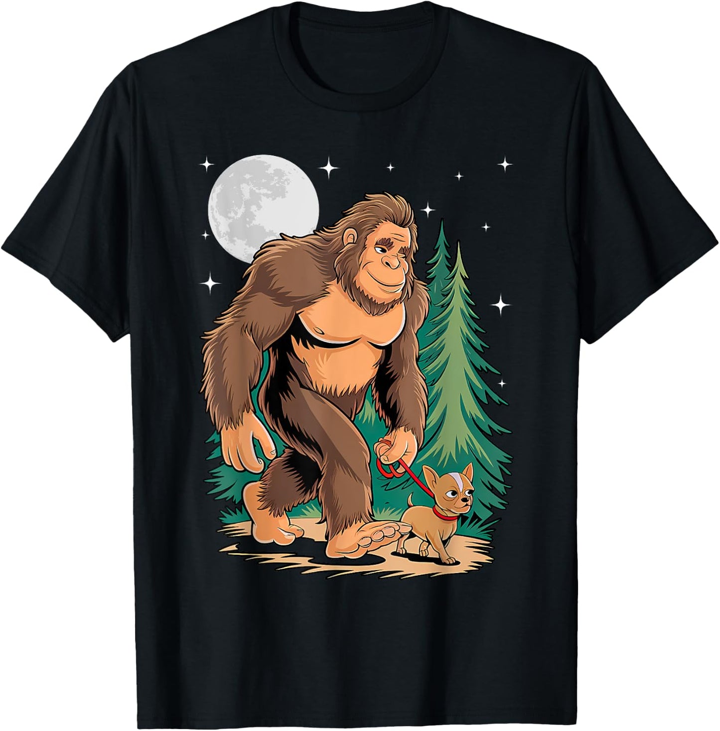 Funny Chihuahua Bigfoot Dog Walking Dog Mom Dad Kids T-Shirt - T-Shirt | Black