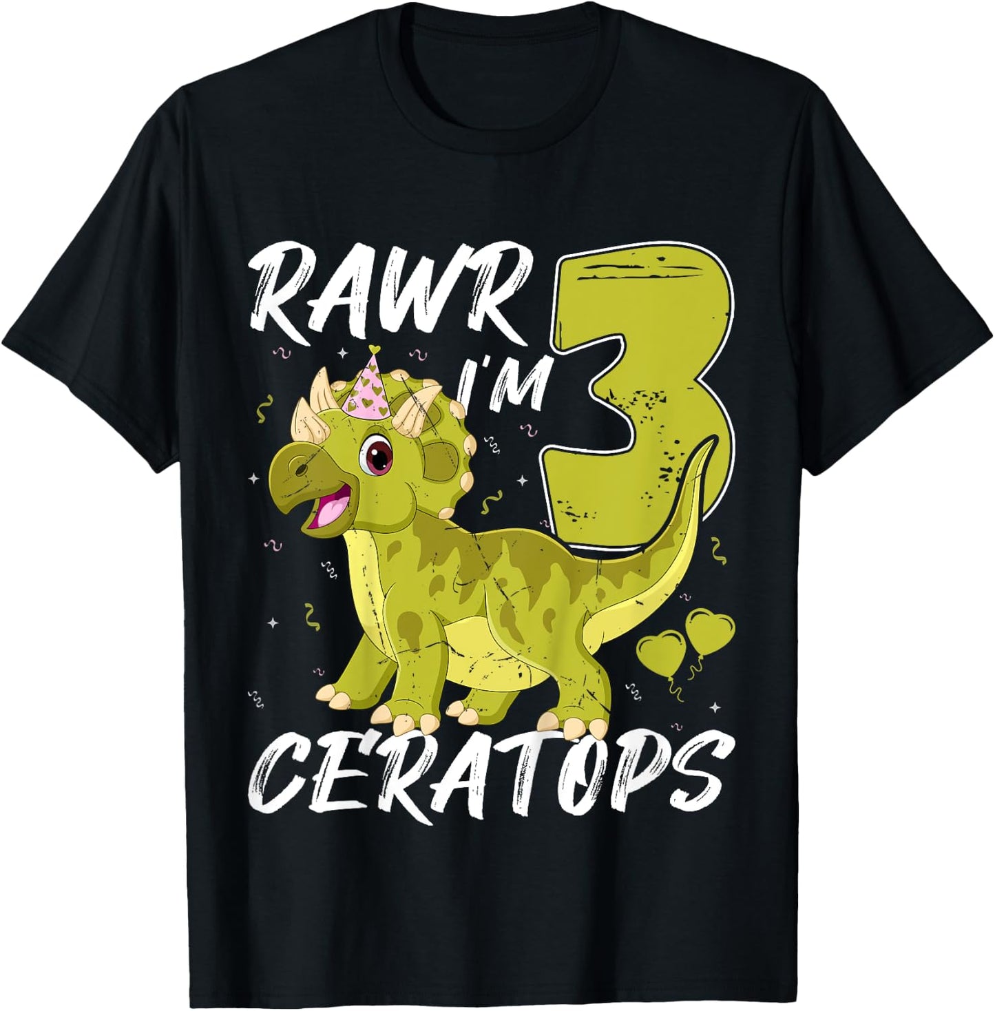 Rawr I Am Three Ceratops Dinosaur 3rd Birthday Party Kids T-Shirt - T-Shirt | Black