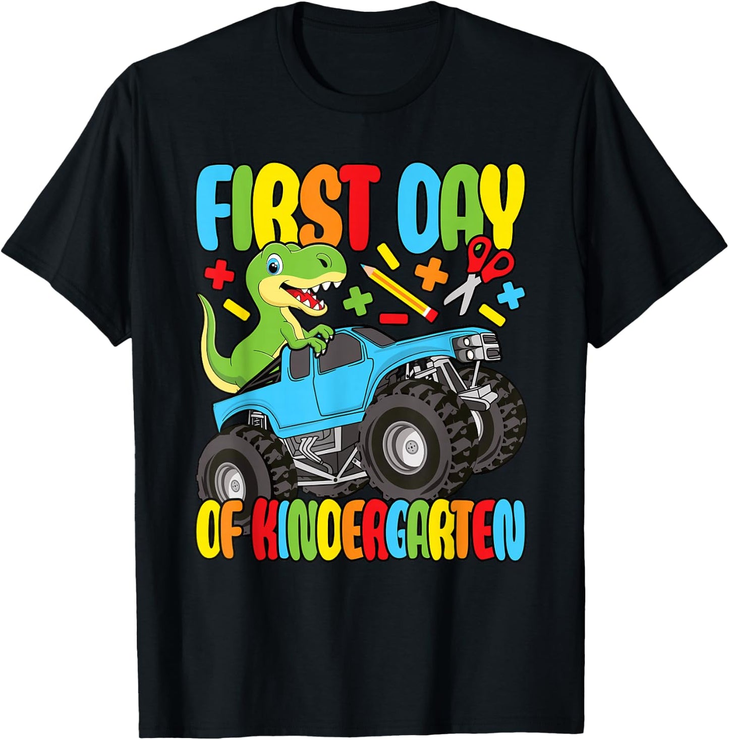 First Day Of Kindergarten Dinosaur Monster Truck Boys Kids T-Shirt - T-Shirt | Black