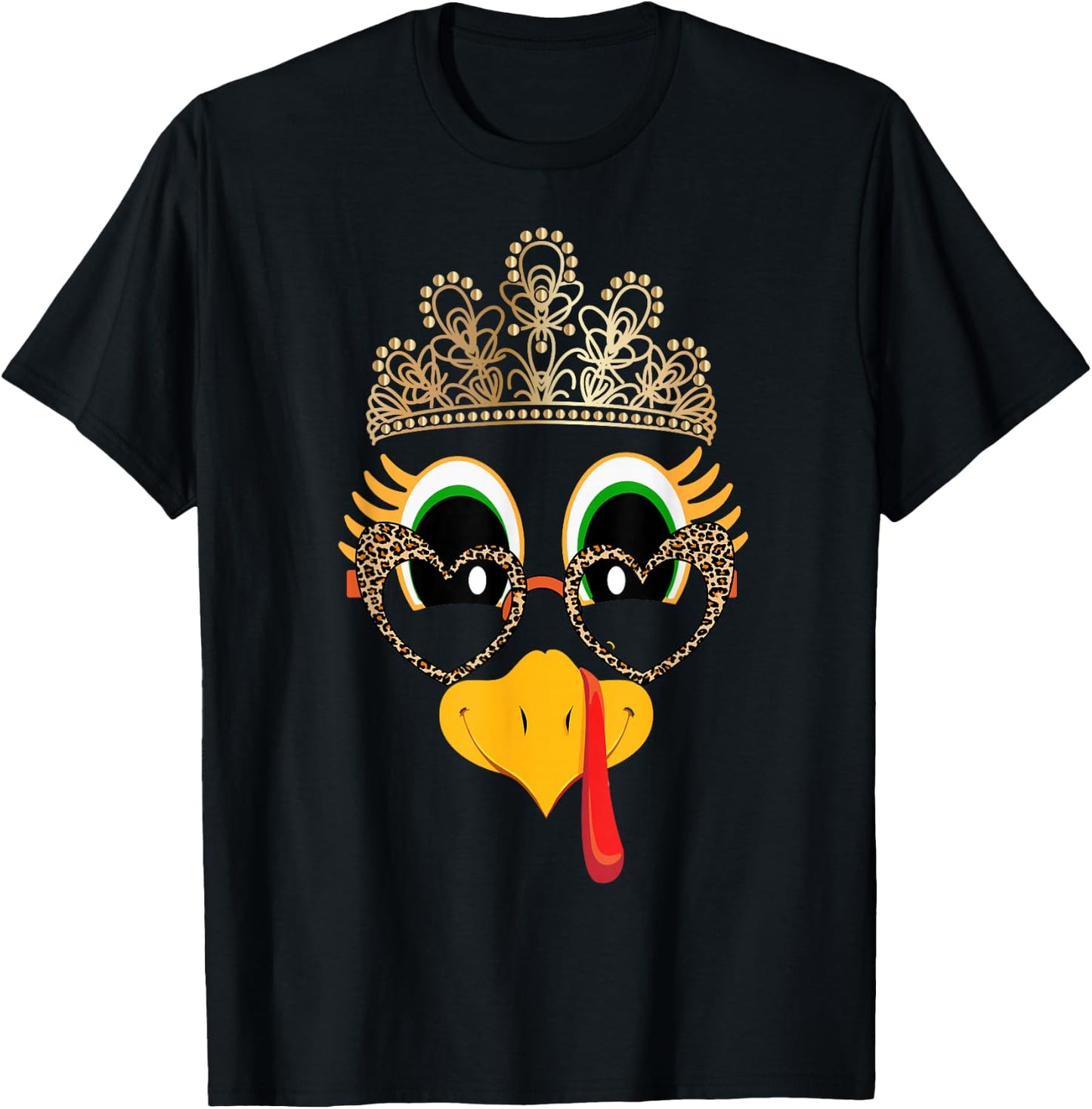 Turkey Face Girl Glasses Leopard With Crown Bow Thanksgiving T-Shirt - T-Shirt | Black