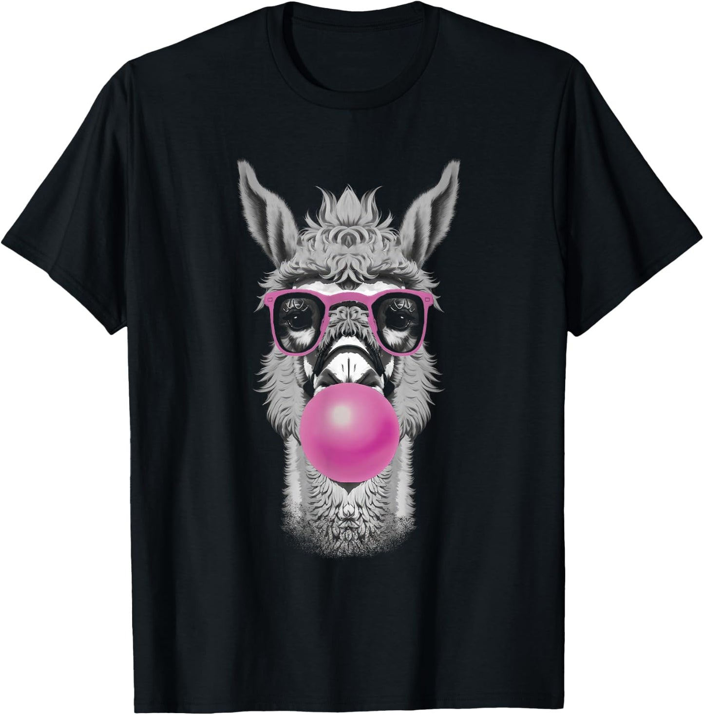 Funny Bubblegum Llama Pink Glasses and Bubble Gum Pop T-Shirt - T-Shirt | Black
