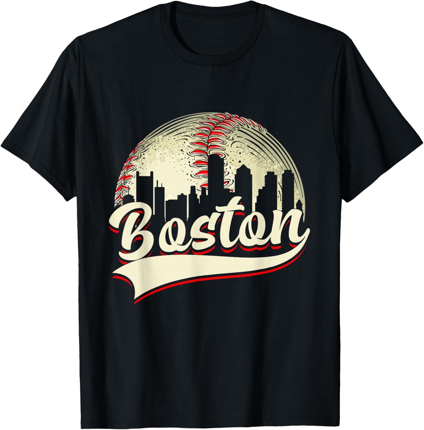Boston Cityscape Graphic Baseball Lover Player and Fans T-Shirt - T-Shirt | Black