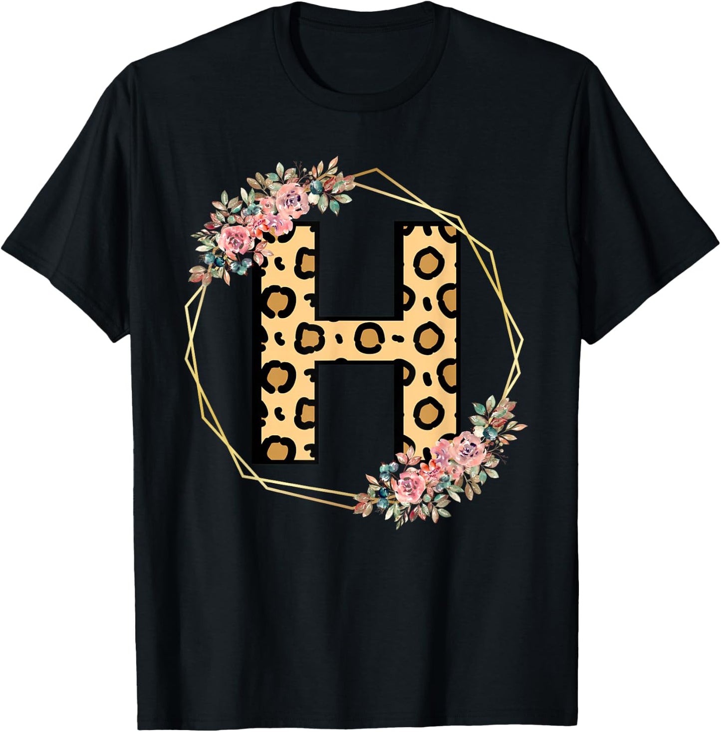 Leopard Letter H Initial Flower Monogram Women Girls T-Shirt - T-Shirt | Black
