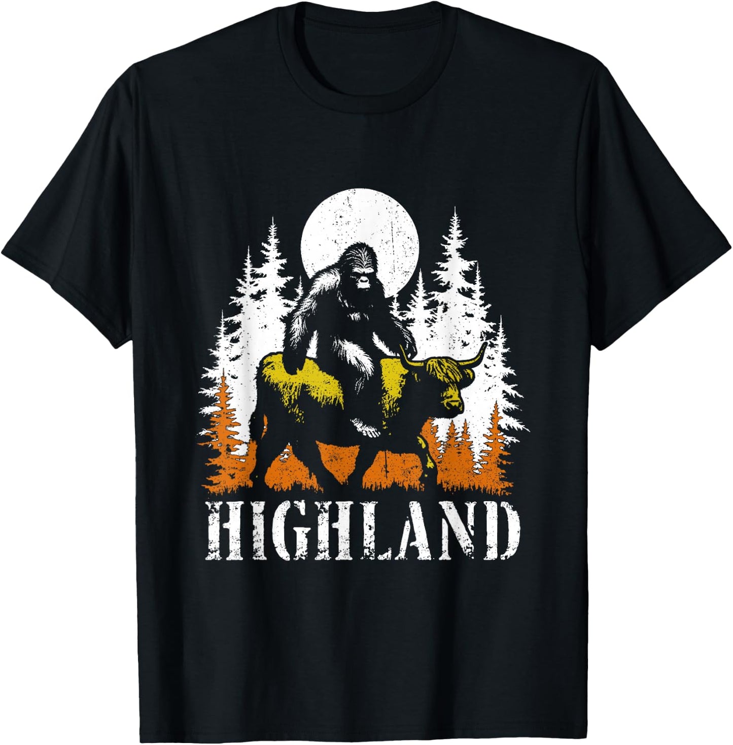 Bigfoot Riding Highland Cow - Funny Sasquatch Cow Lover T-Shirt - T-Shirt | Black