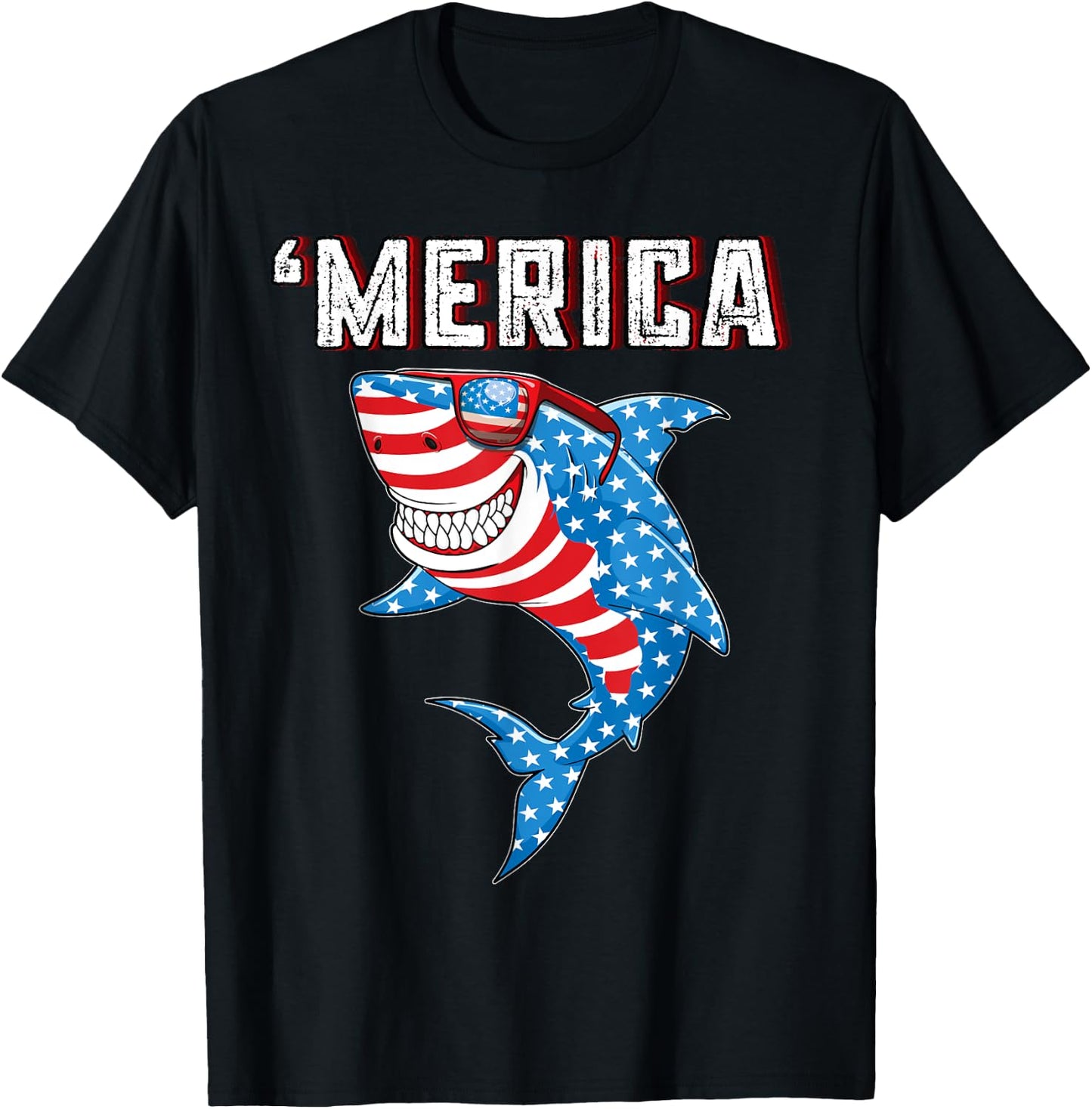 Merica American Flag Men Funny Boys Shark 4th of July T-Shirt - T-Shirt | Black