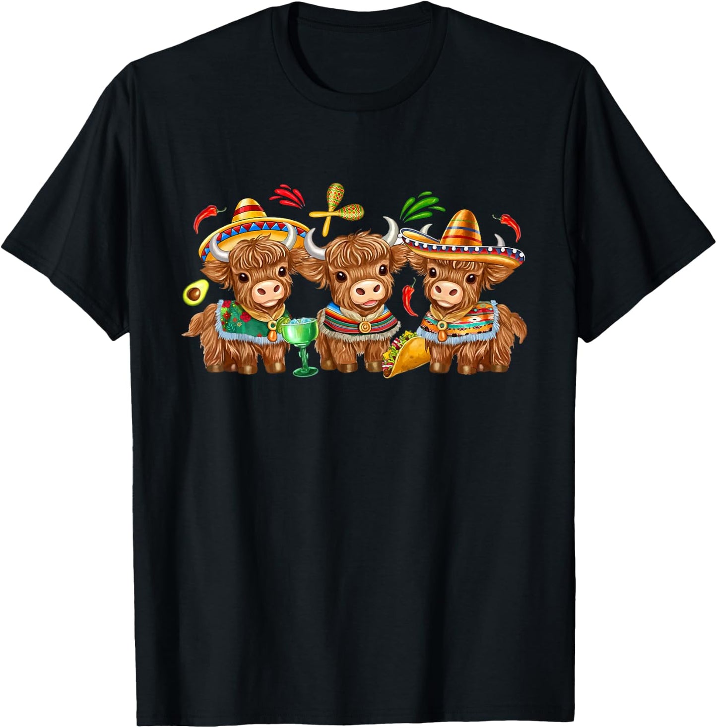 Cute Cinco De Mayo Highland Cow Sombrero Mexican Fiesta T-Shirt - T-Shirt | Black