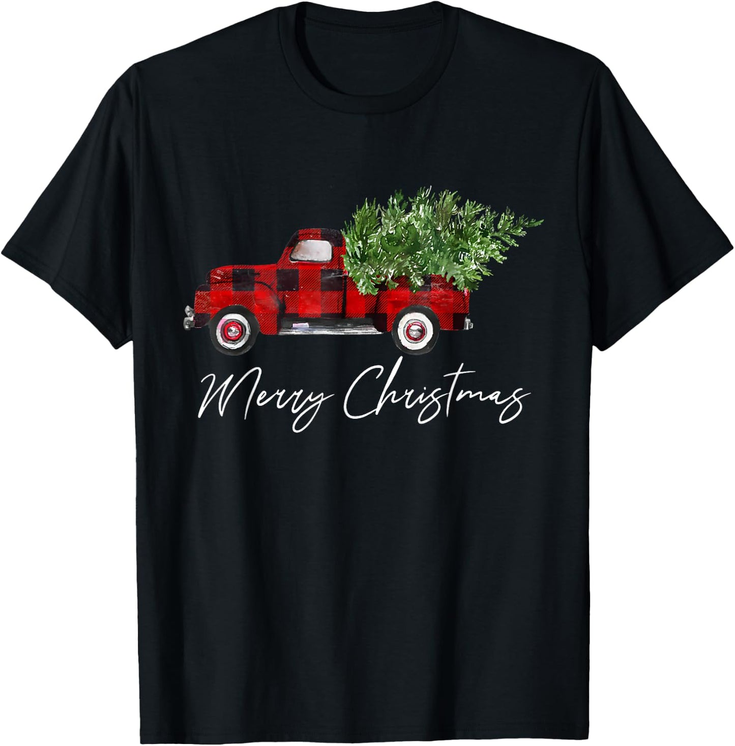 Red Buffalo Plaid Pickup Truck with Tree Merry Christmas T-Shirt - T-Shirt | Black