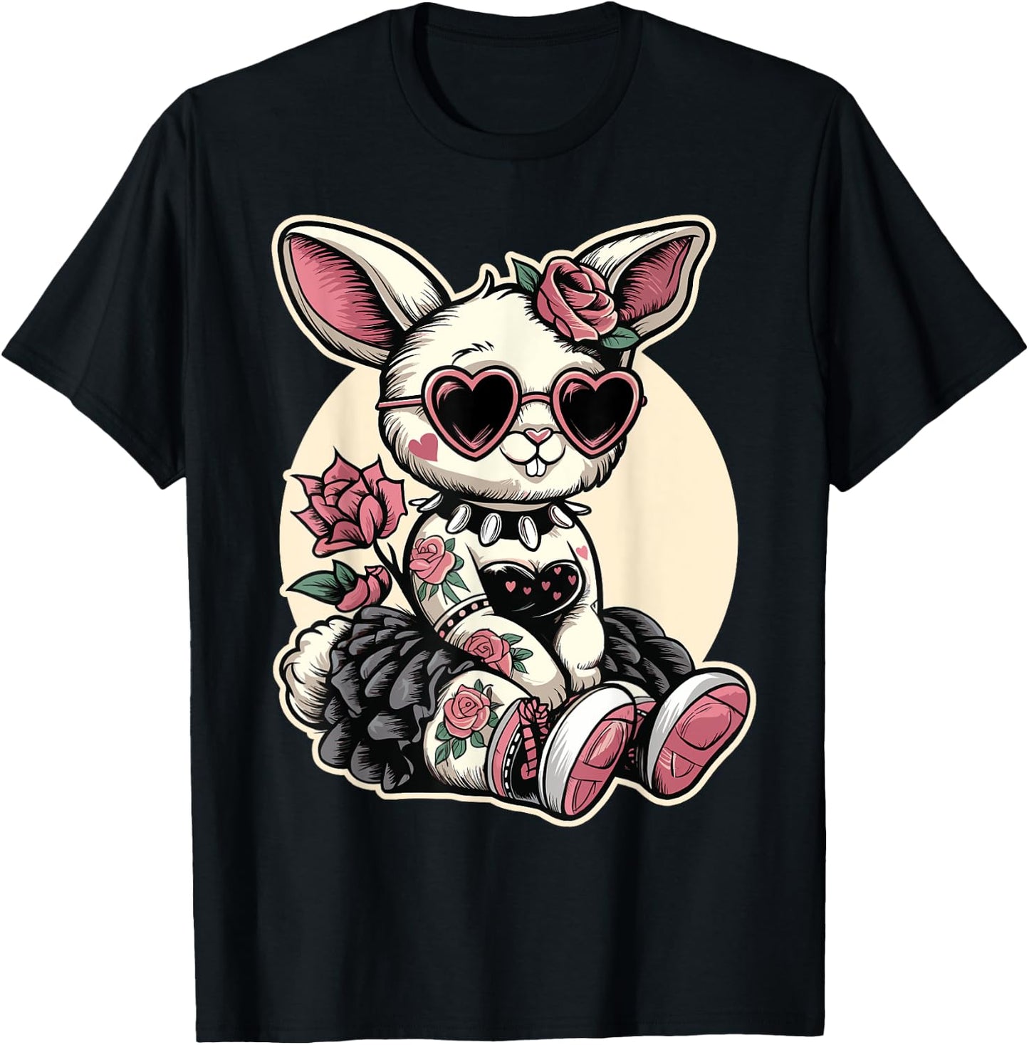 Gothic Kawaii Bunny with Heart Glasses T-Shirt - T-Shirt | Black