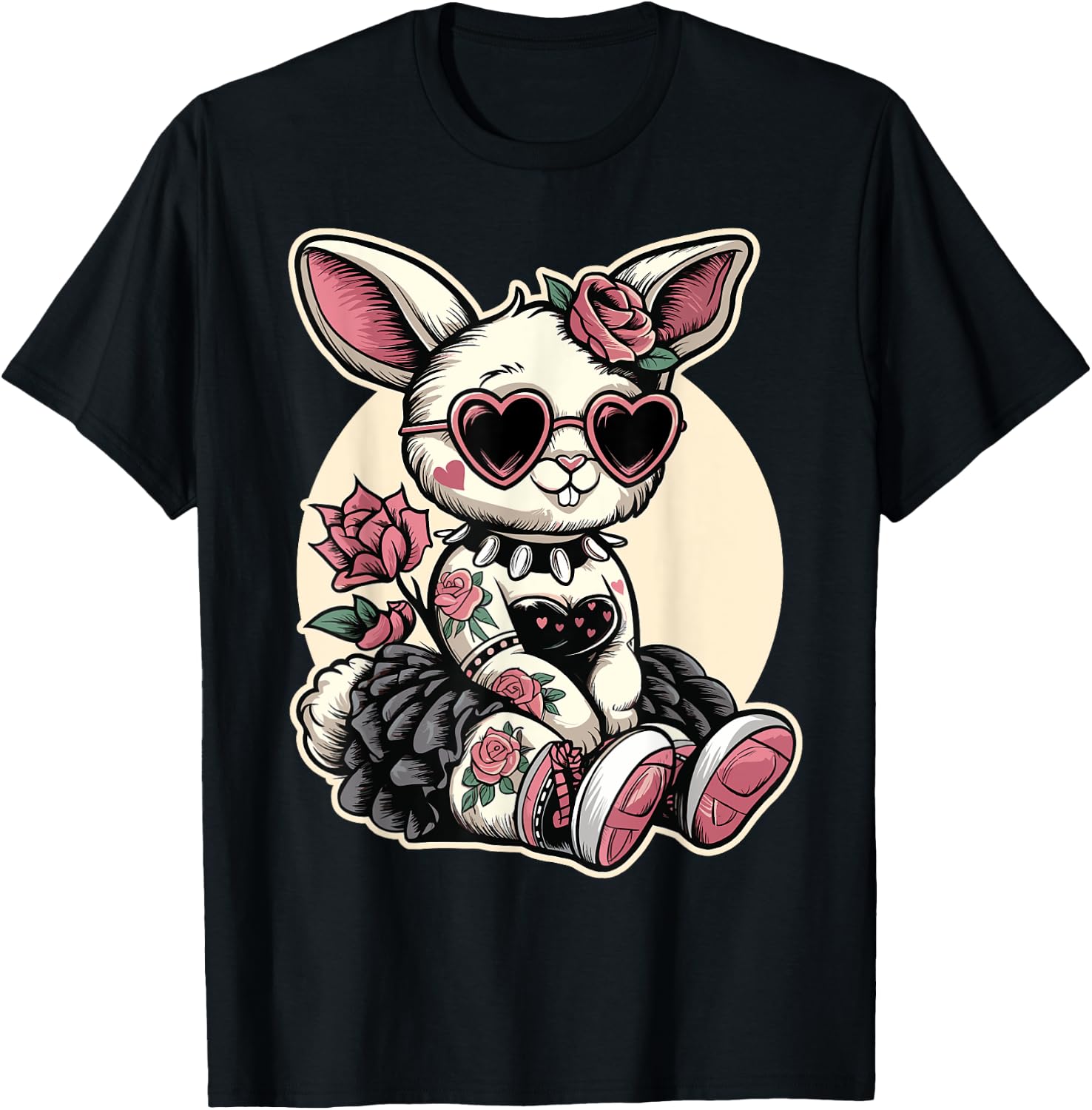 Gothic Kawaii Bunny with Heart Glasses T-Shirt - T-Shirt | Black