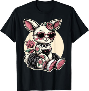 Gothic Kawaii Bunny with Heart Glasses T-Shirt - T-Shirt | Black