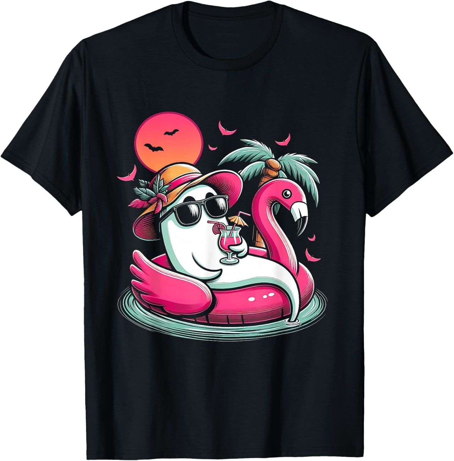 Ghost In Lifebuoy Flamingo On A Pool Float Summer ween T-Shirt - T-Shirt | Black