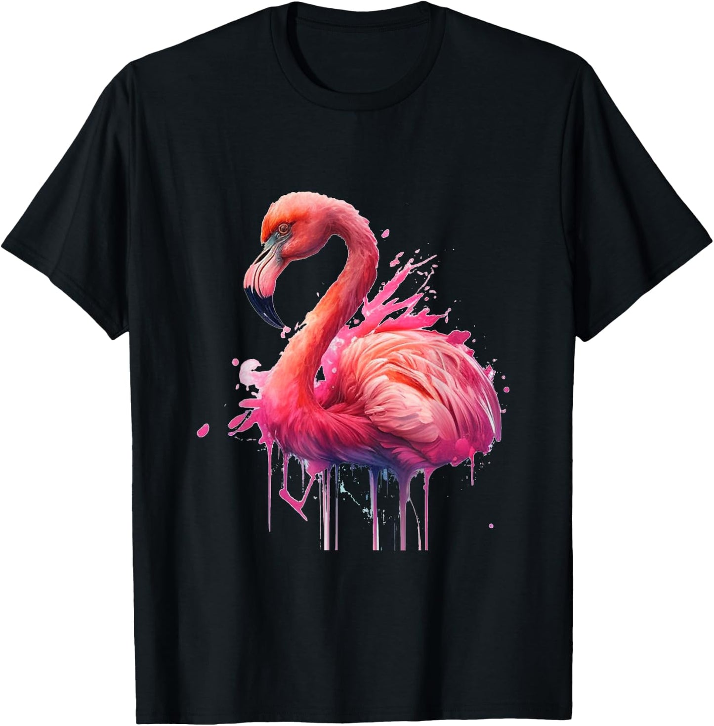 Flamingo Watercolour Splash Drips Pretty Animal Painting Bird , black T-Shirt - T-Shirt | Black