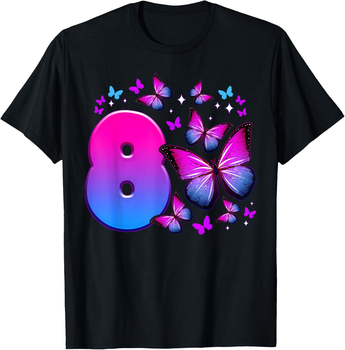 Birthday Girl 8 Years Old Butterfly Number 8 T-Shirt - T-Shirt | Black