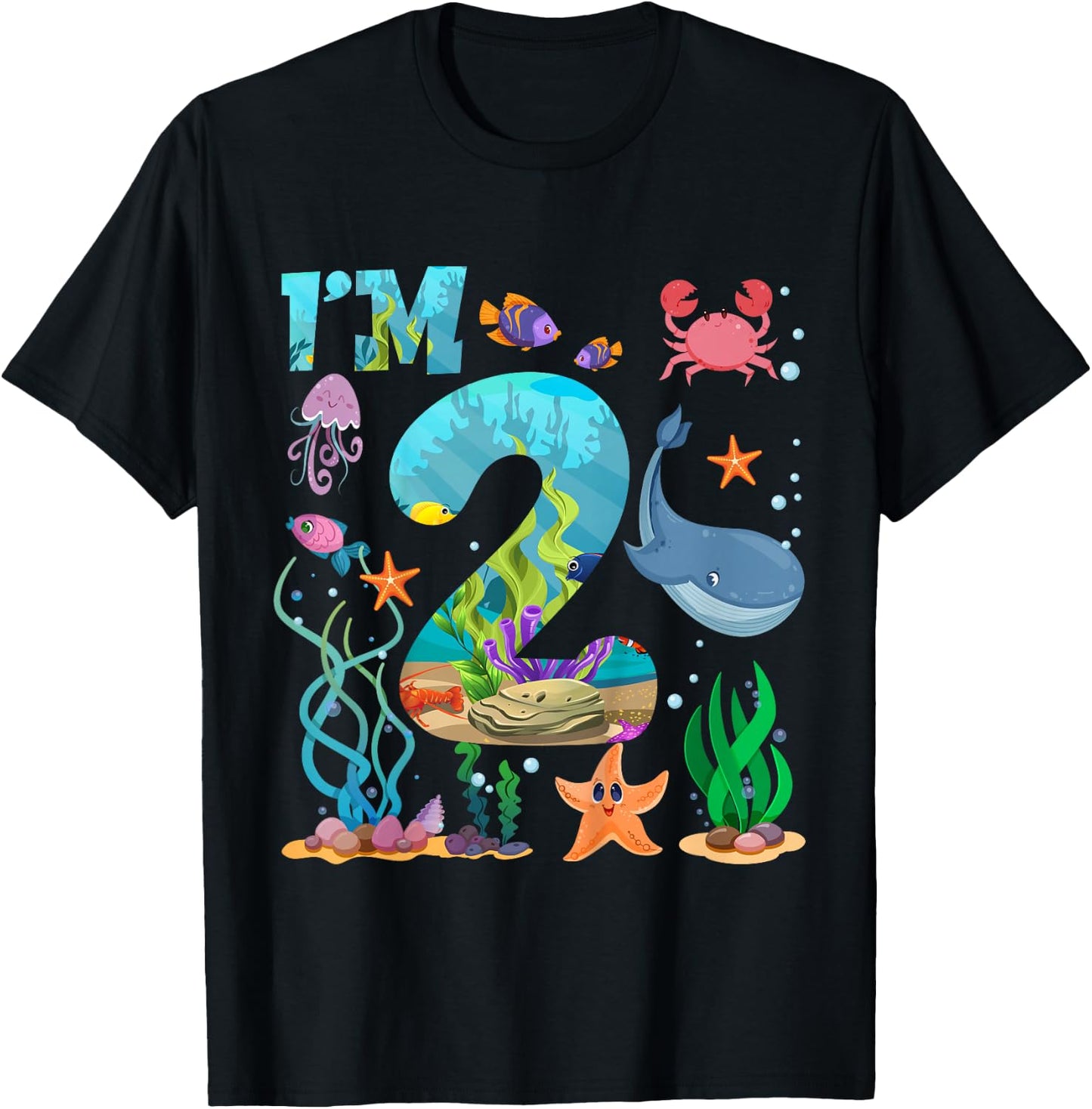 2 Year Old Boy Girl Sea Animals I'm Two 2nd Birthday Kids T-Shirt - T-Shirt | Black