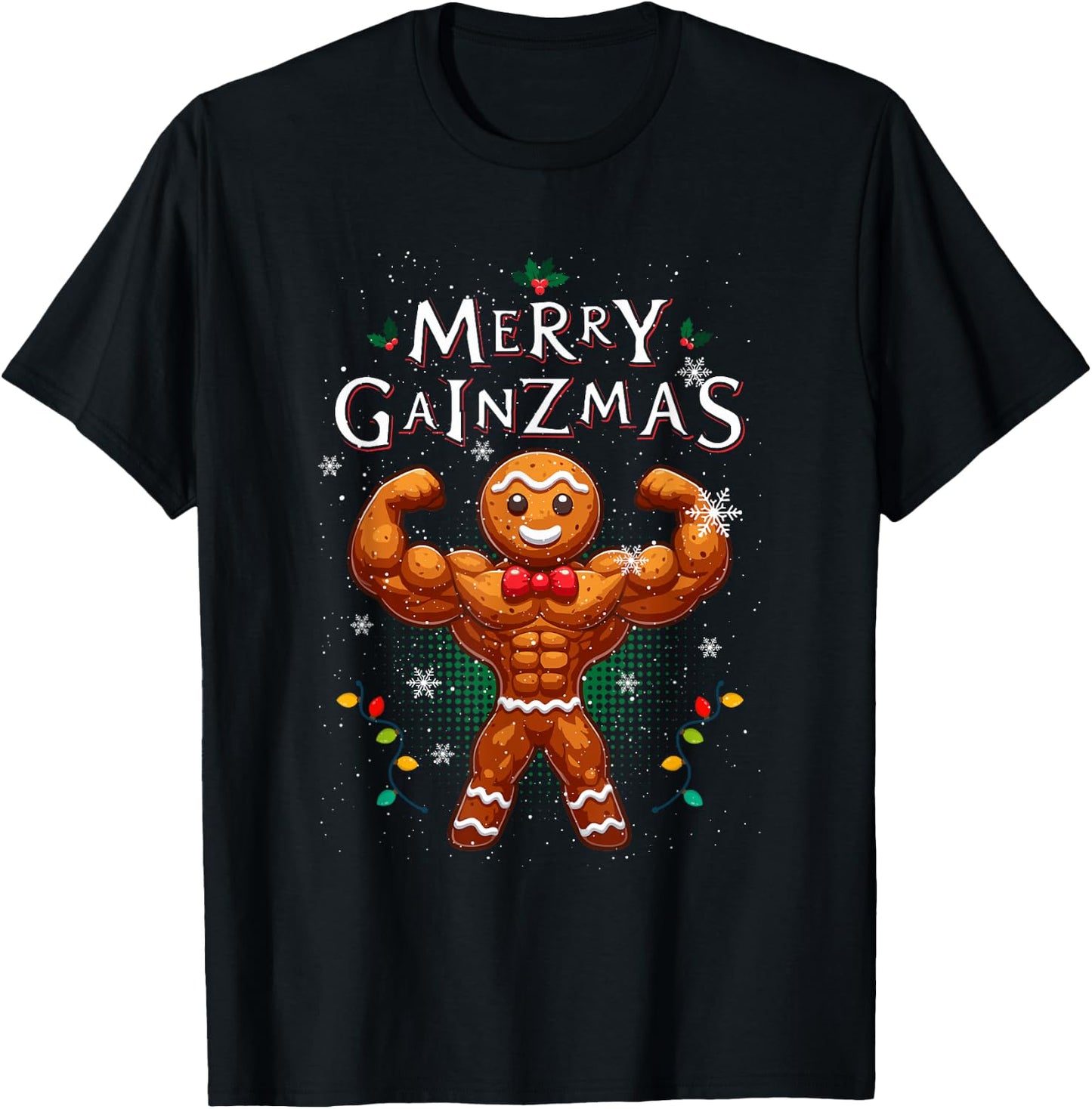 Happy Gainzmas Bodybuilder Gingerbread Man Fit Gym , Black, S T-Shirt - T-Shirt | Black