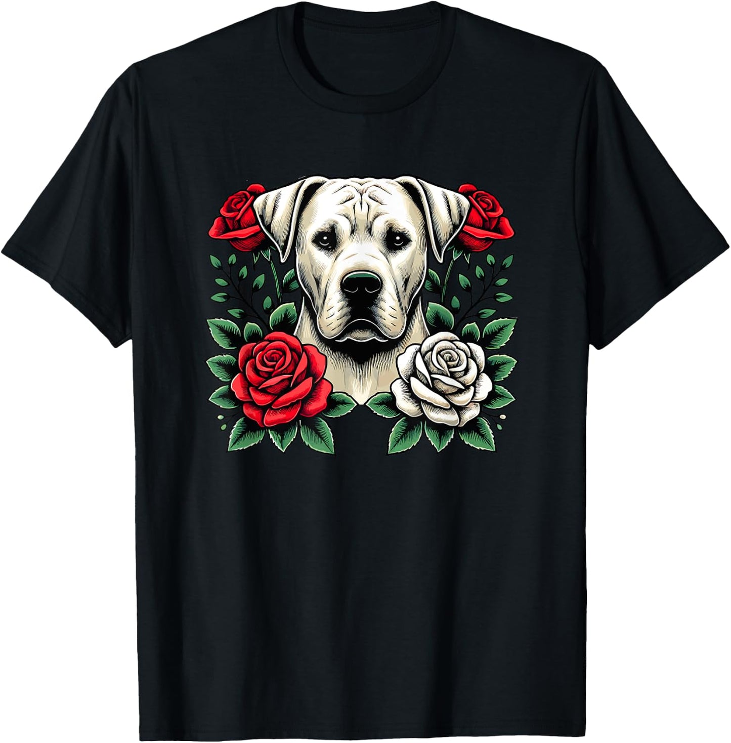 Roses Flowers Dogo Argentino T-Shirt - T-Shirt | Black
