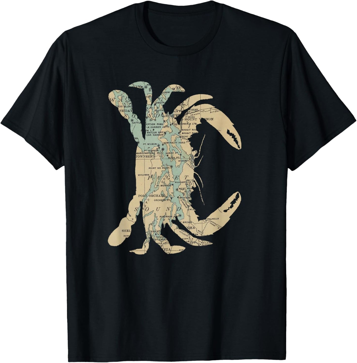 Puget Sound Washington State Crab Silhouette Map T-Shirt - T-Shirt | Black