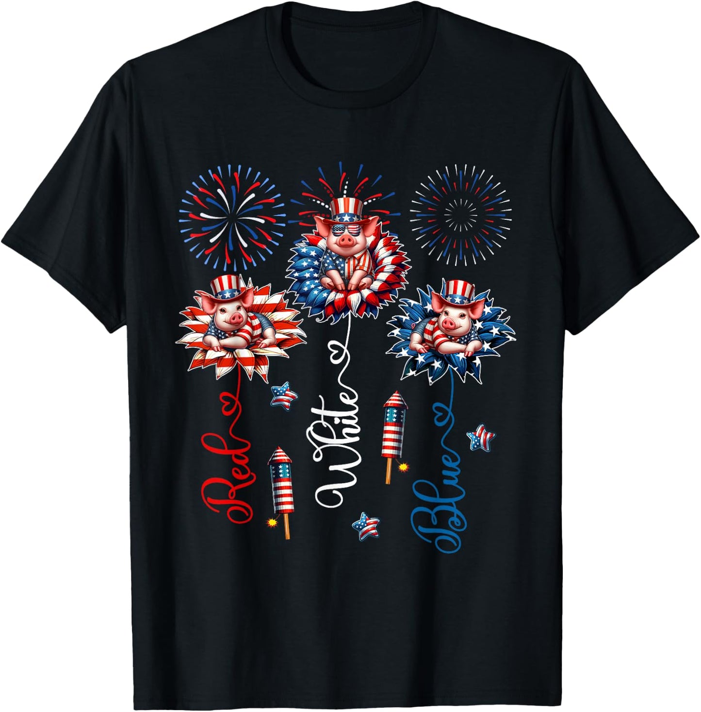 Red Blue White Three Cute Pigs On Floral 4th July Patriotic T-Shirt - T-Shirt | Black