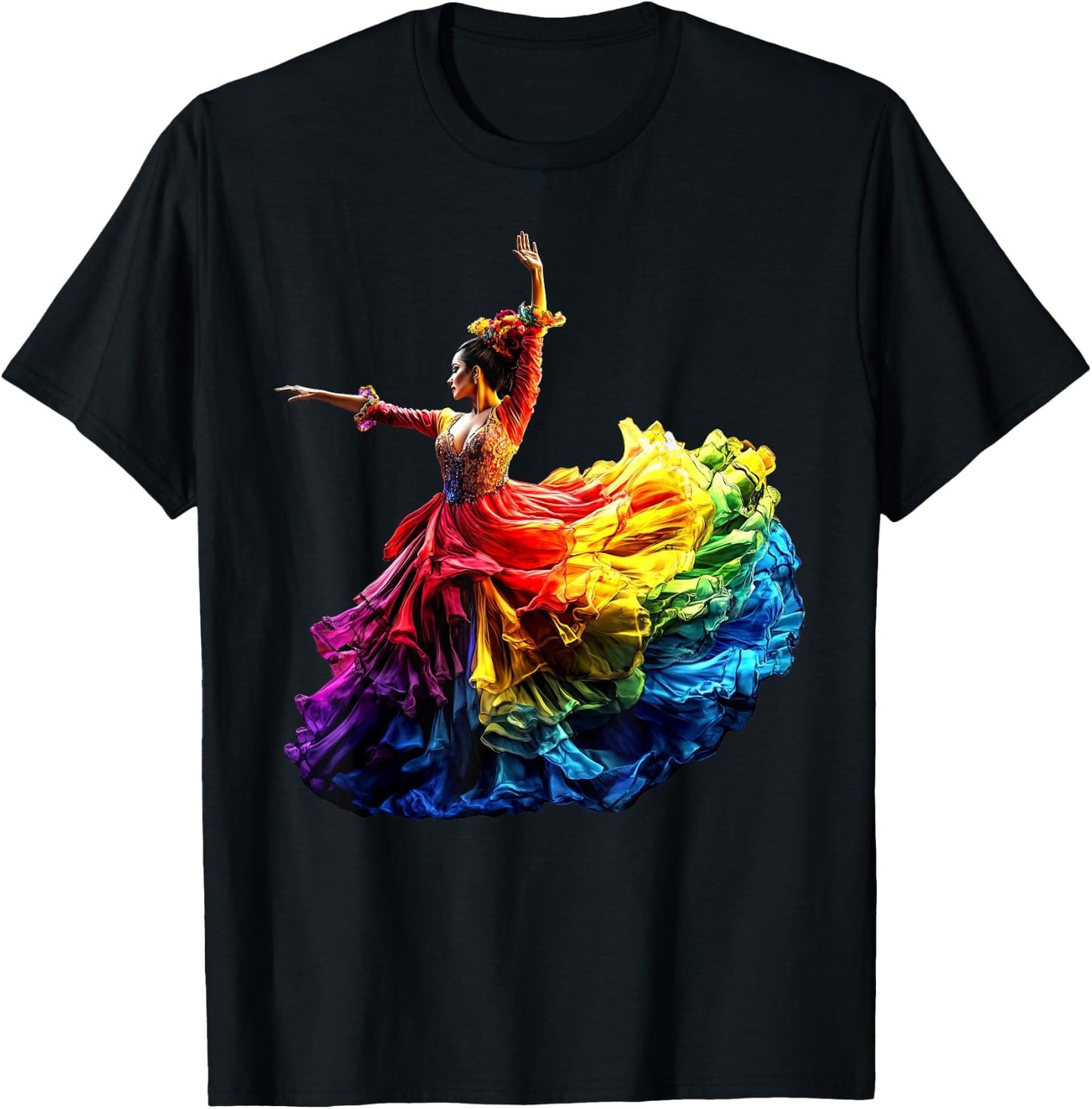 Flamenco Dancer Dress Colorful Rainbow Flamenco , Black, S T-Shirt - T-Shirt | Black