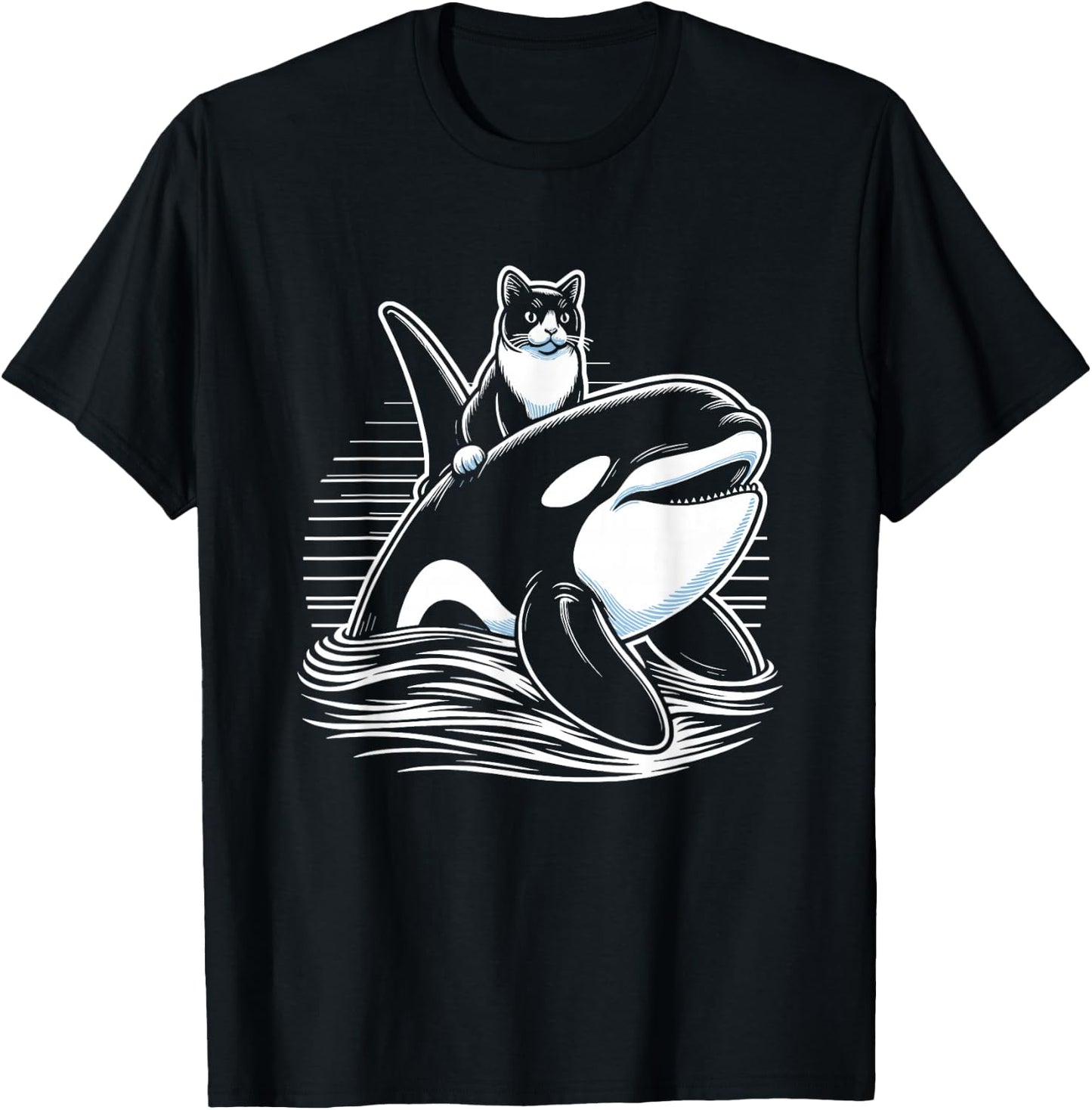 Cat Riding Orca Whale Funny T-Shirt - T-Shirt | Black