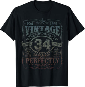Vintage 1991 Limited Edition Shirt 34 year old 34th Birthday T-Shirt - T-Shirt | Black