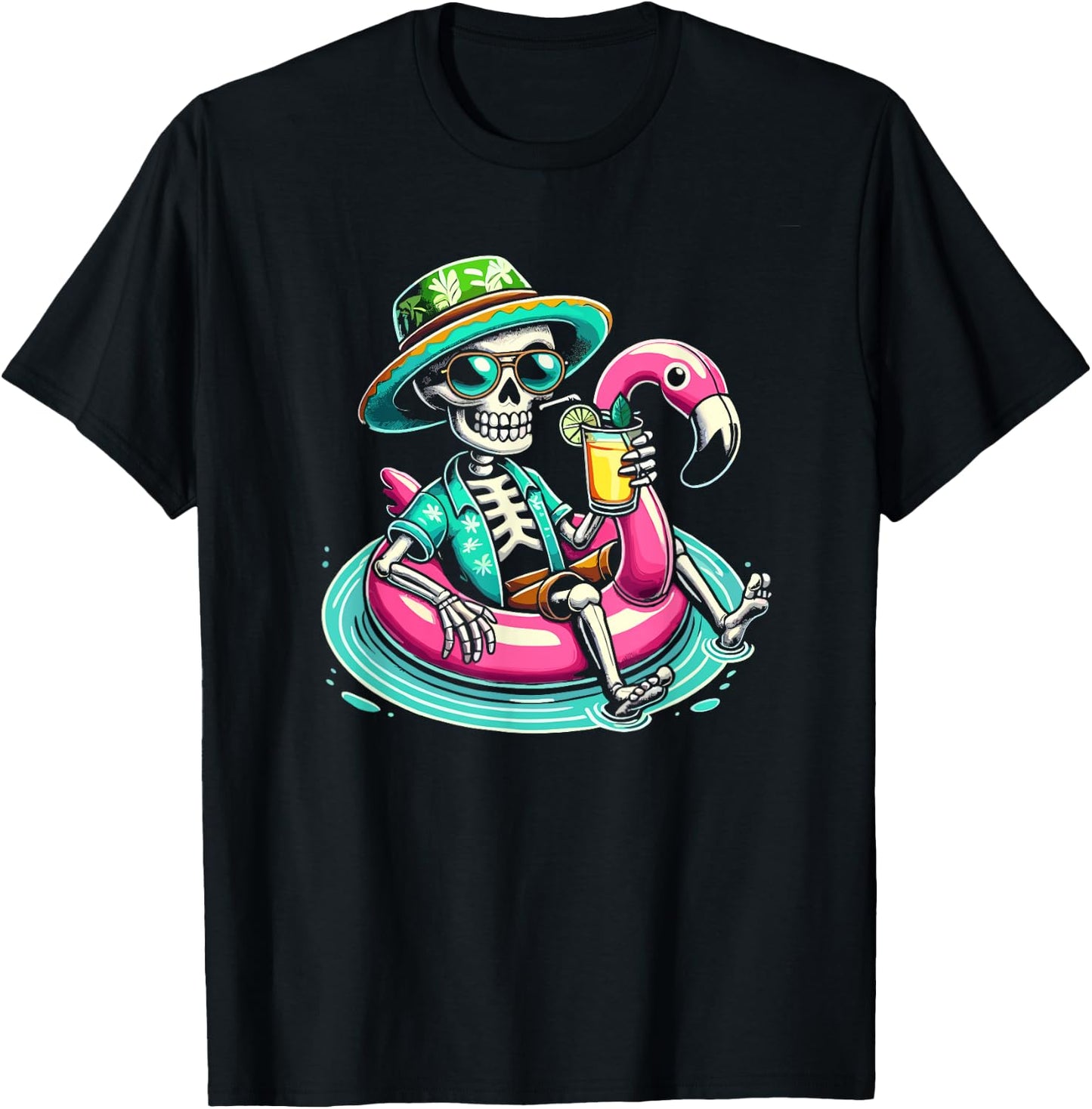 Skeleton Relaxing On Flamingo Float Beach Vibes Halloween Women Kids T-Shirt - T-Shirt | Black