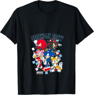 Sonic The Hedgehog Birthday Cre Group Shot Big Chest Logo V-Neck T-Shirt - T-Shirt | Black