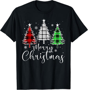 Christmas Tree Buffalo Plaid Red White Green Light Family T-Shirt - T-Shirt | Black