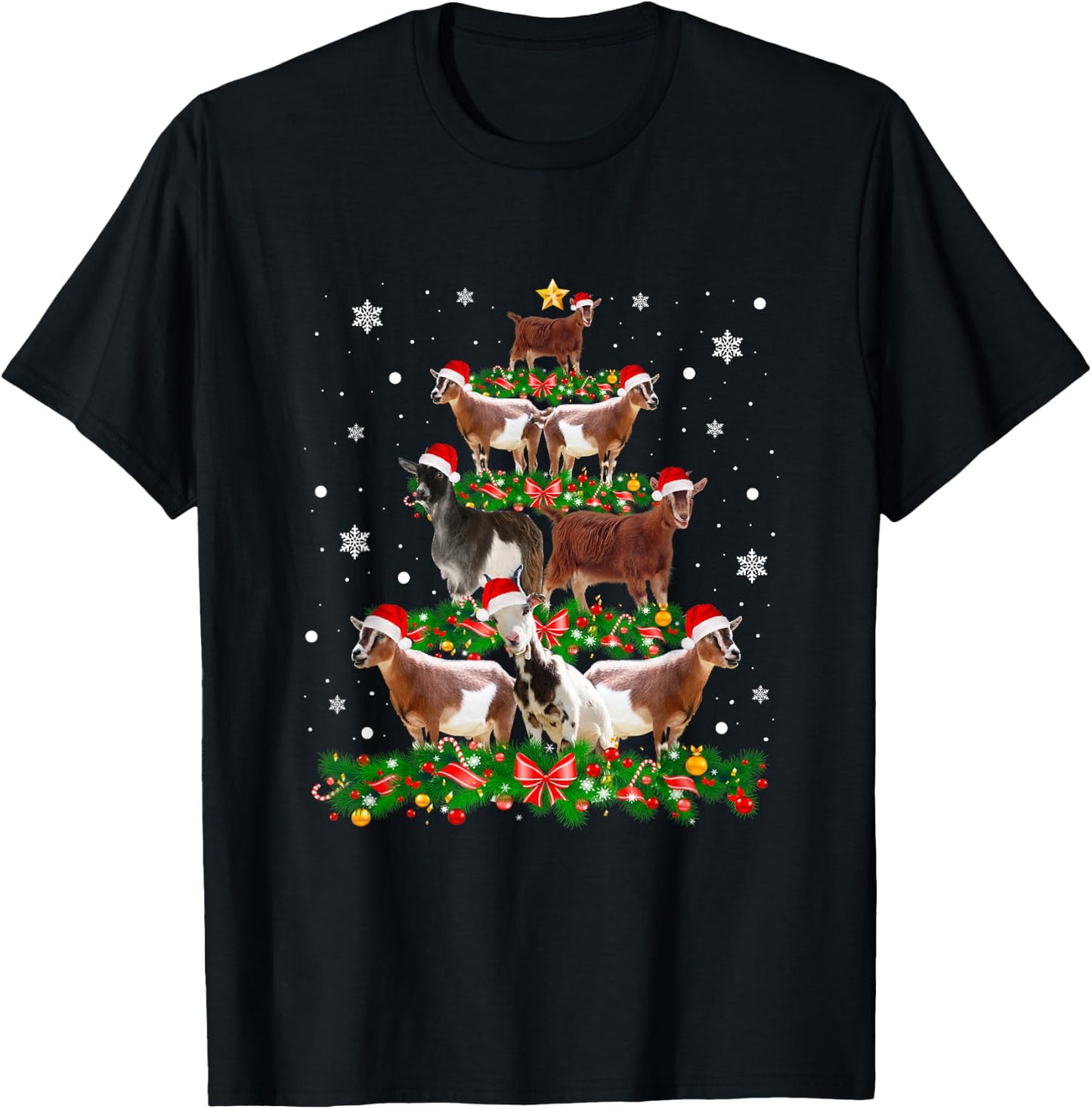Goat Christmas Pajama Shirt Xmas Goats Tree Lights Santa Hat T-Shirt - T-Shirt | Black