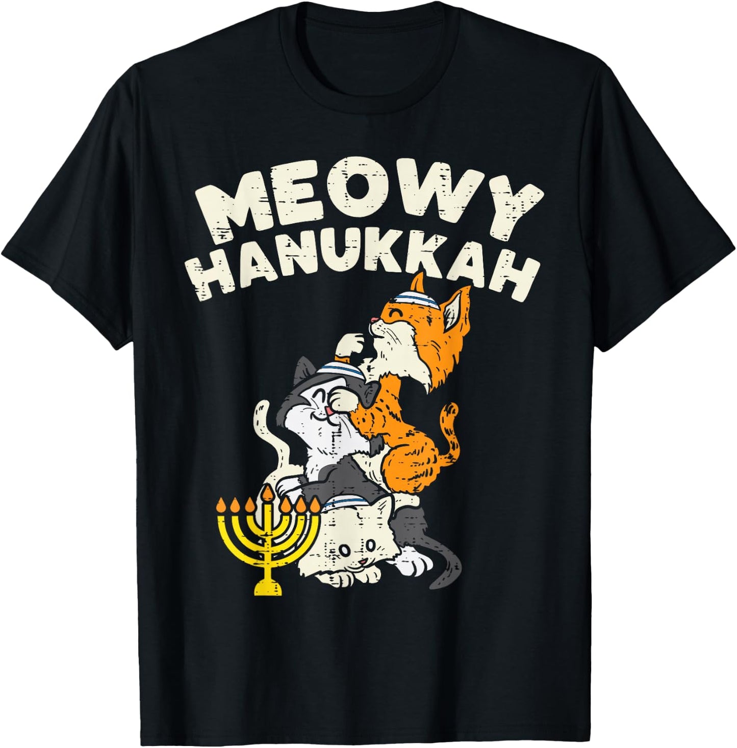 Meowy Hanukkah Cats Kitten Cute Hanukkah Pajamas Chanukah PJ T-Shirt - T-Shirt | Black