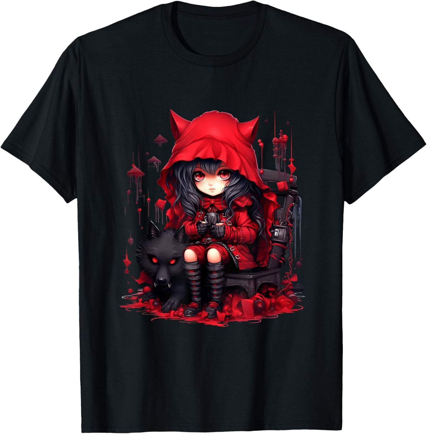 Chibi Little Red Riding Hood and Bad Wolf | Anime Kawaii Style , Black T-Shirt - T-Shirt | Black