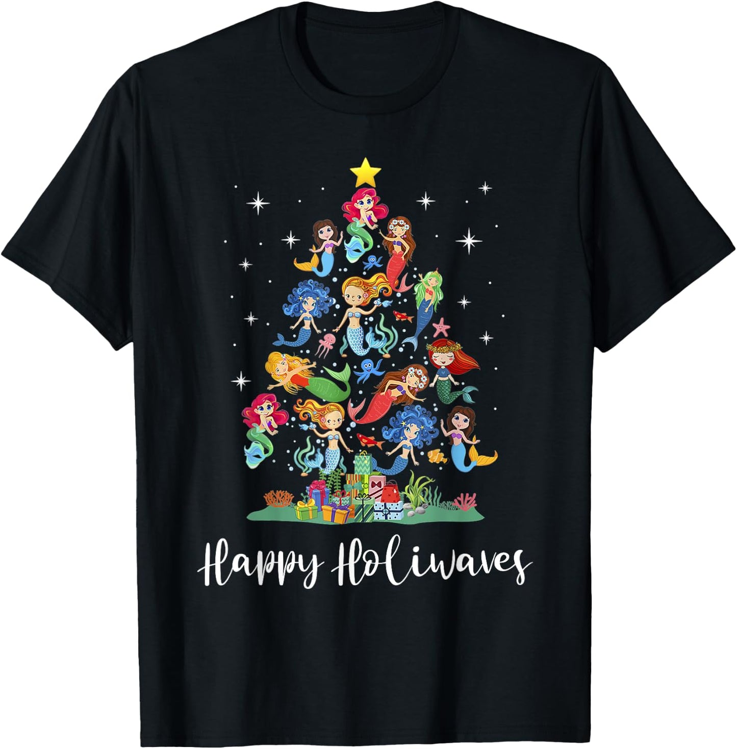 Mermaid Christmas Tree Happy Holiwaves Mermaid Lover Women T-Shirt - T-Shirt | Black