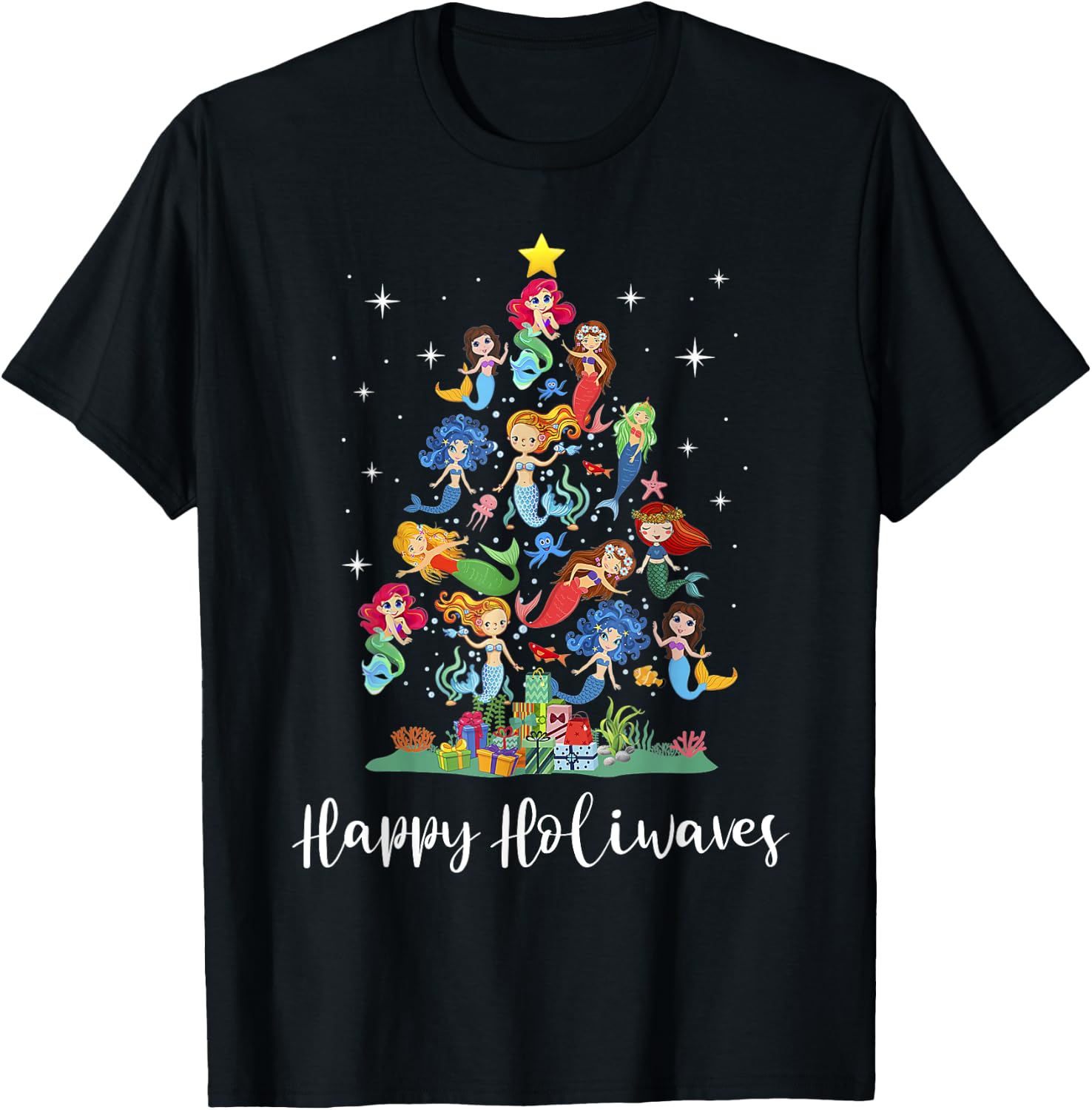 Mermaid Christmas Tree Happy Holiwaves Mermaid Lover Women T-Shirt - T-Shirt | Black