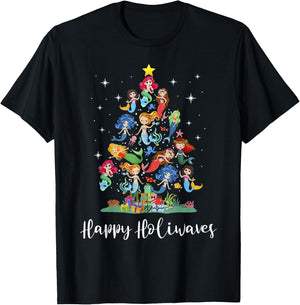 Mermaid Christmas Tree Happy Holiwaves Mermaid Lover Women T-Shirt - T-Shirt | Black